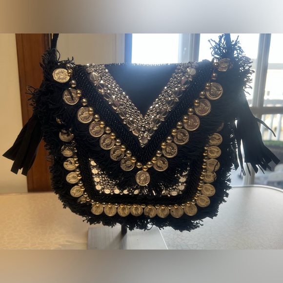 Shashi | Black Metallic Embellished Beaded Shoulder Bag - Picture 14 of 16